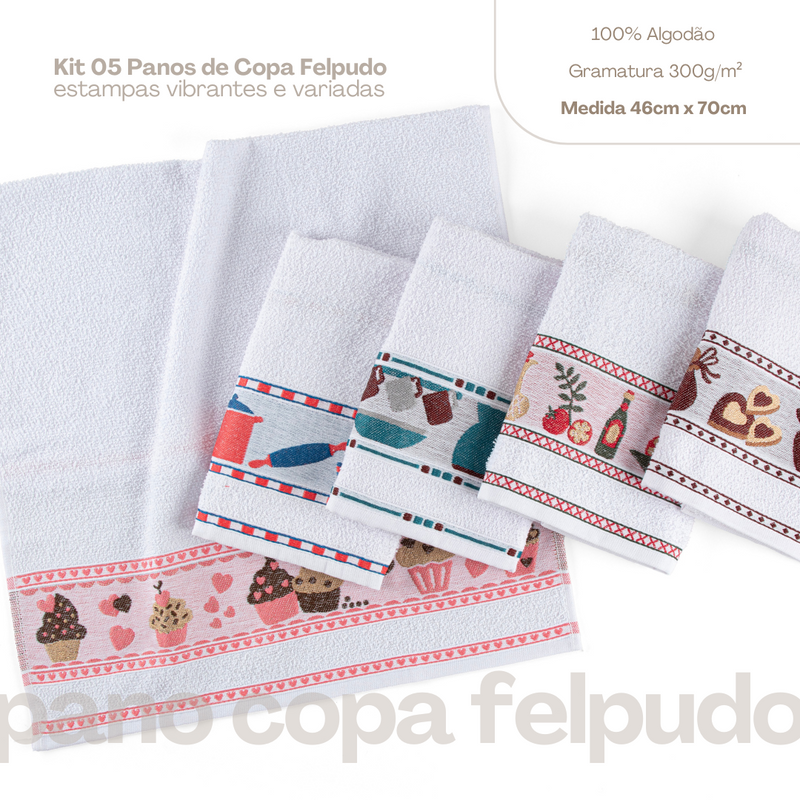 Kit 05 panos de copa para cozinha felpudos